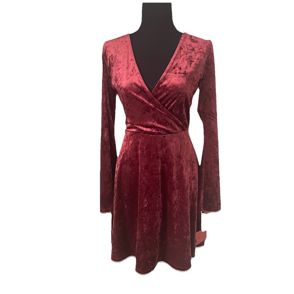 Y2K MOSSIMO Burgundy Crushed Velvet Dress Sz M Whimsigoth Surplice Flare Sleeves